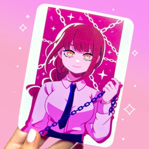 May include: A pink and purple illustration of a woman with red hair wearing a white shirt and a blue tie. She is holding a chain in her hand. The background is pink with stars and chains.