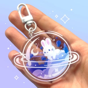 Space bunny epoxy acrylic charm keyring | Cute yume kawaii rabbit in clouds, galaxy, planet | Pastel aesthetic