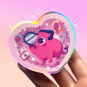 Op pochita geïnspireerde holografische waterdichte vinylsticker | Schattige chibi kettingzaag duivel anime kunst | Roze | Kawaii-esthetiek