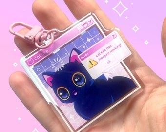Fehler Katze Epoxy Acryl Charm Schlüsselanhänger | Niedliche schwarze Katzen Pop Up Box .exe| Kawaii Pastell Ästhetik