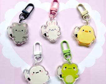 Süße aber tödliche kawaii Chibi Tiere 1,5 Zoll Epoxy Acryl Charm Schlüsselanhänger | Wahlweise mit Katze, Frosch, Häschen, Ente oder Gespenst | Pastellästhetik