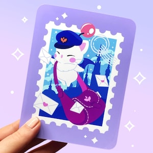 Op Moogle geïnspireerde print | FFXIV-stempel Kupo-kawaiikunst | Blauw en wit | Fantasie-esthetiek