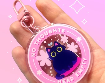 Keine Gedanken Kopf leere Katze Epoxy Acryl Charm Schlüsselanhänger | Niedliches lustiges schwarze Katzen Mem, rosa | Kawaii Pastell Ästhetik