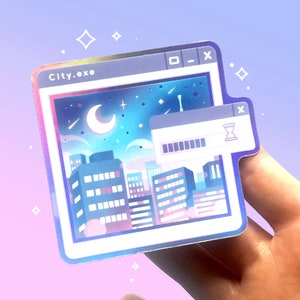 Sticker imperméable en vinyle holographique City | Ambiance pastel Vaporwave chargement Tokyo | Violet et bleu | Esthétique de l'an 2000