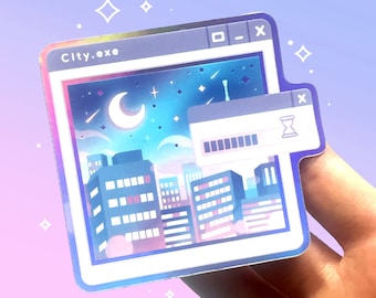 Puede incluir: Una pegatina holográfica que representa un horizonte urbano nocturno con una luna creciente y estrellas. La pegatina está diseñada para parecer una ventana de computadora con una barra de progreso y un icono de reloj de arena. El texto "City.exe" se muestra en la barra de título.