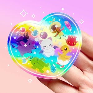 ファイナルファンタジーのラブハートミニオンズ風ホログラフィックビニール防水ステッカー | モーグリチョコボサボテンダーアート | レインボー | かわいい美的感覚
