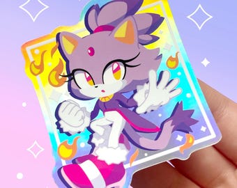 Blaze inspired holographic vinyl waterproof sticker | Chibi cat flame princess  game art | Purple and white | Kawaii aesthetic