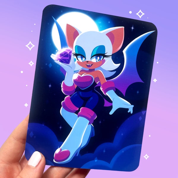 Rouge the bat inspired print | Jewel thief bat girl flying at night art | Purple and blue | Kawaii and pastel aesthetic