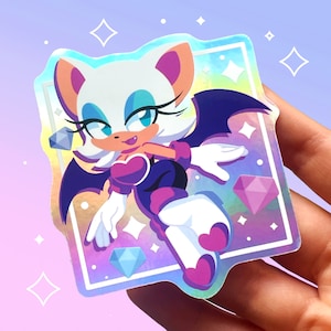 Adesivo impermeabile in vinile olografico ispirato a Rouge / Gioco di caccia al tesoro Chibi con pipistrello e spia / Rosa e viola / Estetica kawaii