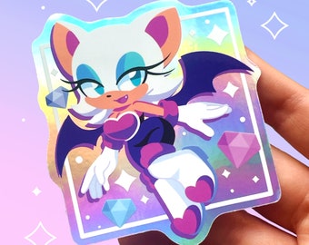 Rouge inspired holographic vinyl waterproof sticker | Chibi treasure hunter bat spy game art | Pink and purple | Kawaii aesthetic