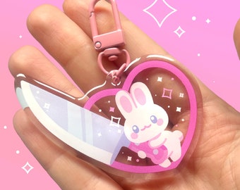 Süßer Bunny Epoxy Acryl-Charm Schlüsselanhänger | Kawaii Hase, rosa Herzen, witzig | Pastellästhetik
