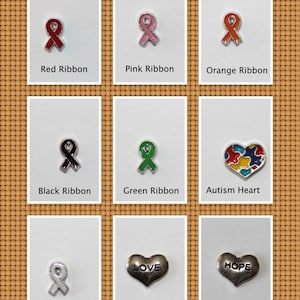 May include: Nine different charm options for a charm bracelet. The charms are silver with colored enamel. The charms include a red ribbon, pink ribbon, orange ribbon, black ribbon, green ribbon, a heart with a puzzle pattern, a white ribbon, a heart with the word "LOVE" on it, and a heart with the word "HOPE" on it.