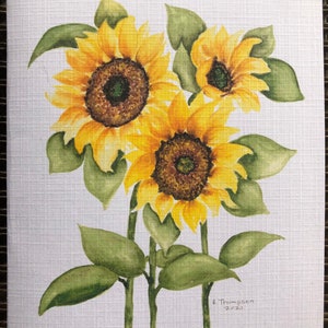 Cartão de felicitações impresso em aquarela de girassóis amarelos. Cartão em branco que pode ser usado em todas as ocasiões. Aniversários, cartão de melhoras.