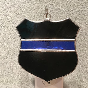 Stained glass suncatcher Police shield thin blue line night light