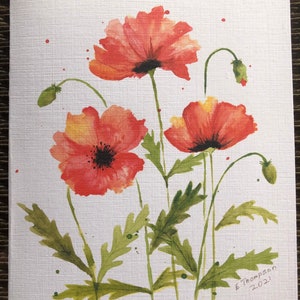 Cartão de felicitações impresso em aquarela de flores de papoula laranja. Cartão em branco que pode ser usado em todas as ocasiões. Aniversários, cartão de melhoras.