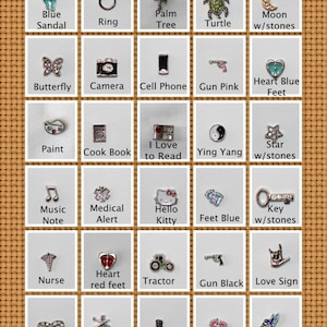 Könnte beinhalten: Eine Sammlung von 36 silbernen Charms mit verschiedenen Designs, darunter eine blaue Sandale, ein Ring, eine Palme, eine Schildkröte, ein Mond mit Steinen, ein Schmetterling, eine Kamera, ein Handy, eine rosa Pistole, ein blaues Herz mit Füßen, eine Farbpalette, ein Kochbuch, ein Herz mit den Worten "Ich liebe es zu lesen", ein Yin-Yang-Symbol, ein Stern mit Steinen, eine Musiknote, ein medizinisches Warnsymbol, ein Hello Kitty, blaue Füße, ein Schlüssel mit Steinen, ein Krankenschwester-Symbol, ein rotes Herz mit Füßen, ein Traktor, eine schwarze Pistole, ein Liebeszeichen, ein Unendlichkeitszeichen, ein Kamm und eine Schere, ein Stiefel, rosa Füße und ein Kolibri.