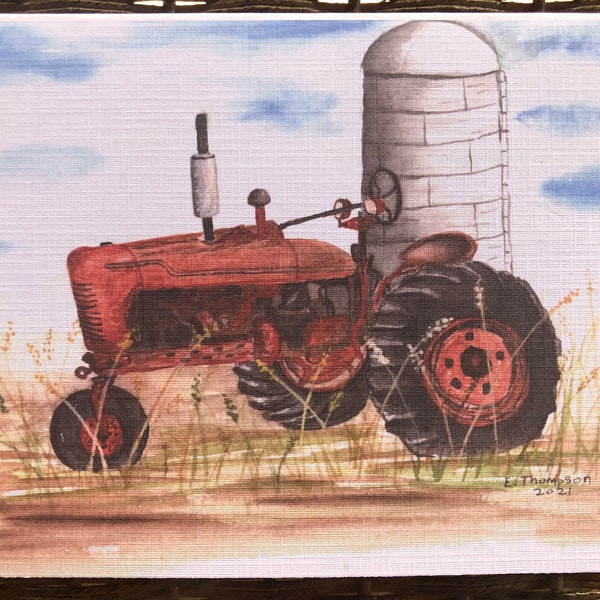 Watercolor Out at the Farm Greeting cards, Old M Farmall tractor, birthday, Fathers Day and more