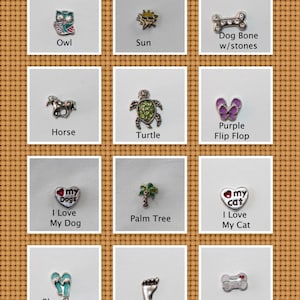 Floating charms for Living Locket, Pets, Dog, Cat, Horse, Owl, Sun, Palm Tree, Flip Flop, Turtle, Bone