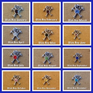 Puede incluir: Doce amuletos de figura de palo de plata con gemas de colores diferentes. Cada amuleto representa un mes del año.