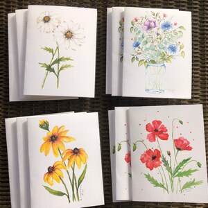 Aquarell Blumen Grußkarten, 4 verschiedene Designs, Daisy's, Schwarzaugen Susans, Mohnblumen und Canning Jar Bouquet,