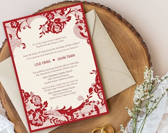 6-pc Printed Panel Pocket Bilingual English Vietnamese Wedding Invitation - Red Roses Vintage Lace (5" x 7")