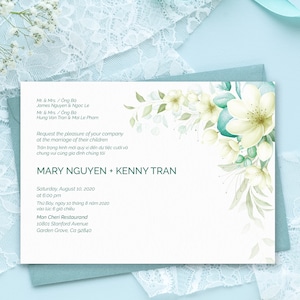 4-pc Printed Bilingual English Vietnamese Wedding Invitation Set - Cherry Blossom Watercolor Botanical Floral (7" x 5")