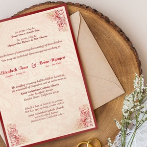 5-pc Printed Panel Pocket Bilingual English Vietnamese Wedding Invitations Set - Chinese Dragon Phoenix  (5&quot; x 7&quot;)