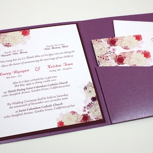 5-pc Printed Pocket Fold Bilingual English Vietnamese Wedding Invitations Set - Cherry Blossom flowers (6&quot; x 6&quot;)