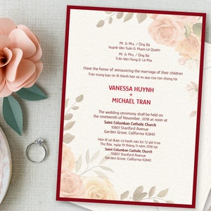 5-pc Printed Panel Pocket Bilingual English Vietnamese Wedding Invitations Set with Pocket Panel - Roses with Leaves (5&quot; x 7&quot;)
