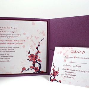 5-pc Printed Pocket Fold Bilingual English Vietnamese Wedding Invitations Set - Cherry Blossom (6&quot; x 6&quot;)