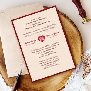 5-pc Printed Panel Pocket Bilingual English Vietnamese Wedding Invitation Set - Double Happiness Inside a Heart Symbol Song Hy (5&quot; x 7&quot;)