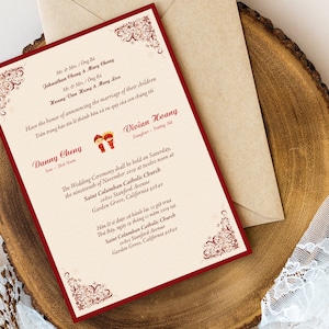5-pc Printed Panel Pocket Bilingual English Vietnamese Wedding Invitations Set - Cute Figurine Wearing Qi Pao  (5&quot; x 7&quot;)