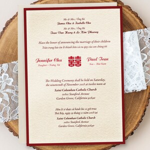 5-pc Printed Panel Pocket Bilingual English Vietnamese Wedding Invitation Set - Oriental Chinese Double Happiness Song Hy symbol (5&quot; x 7&quot;)