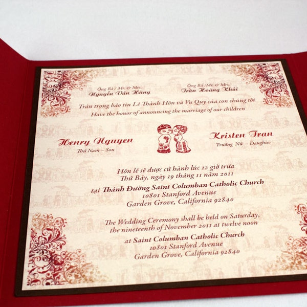 7-pc Printed Pocket Fold Bilingual English Vietnamese Wedding Invitations Set - Ruoc Dau Khien Kieu tradition (6" x 6")