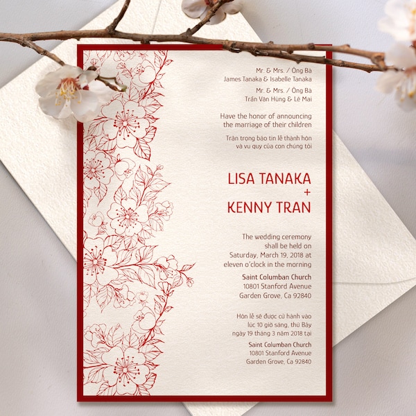 6-pc Printed Panel Pocket Bilingual English Vietnamese Wedding Invitation Set -  Cherry Blossom Japanese Ink Line Art (5" x 7")