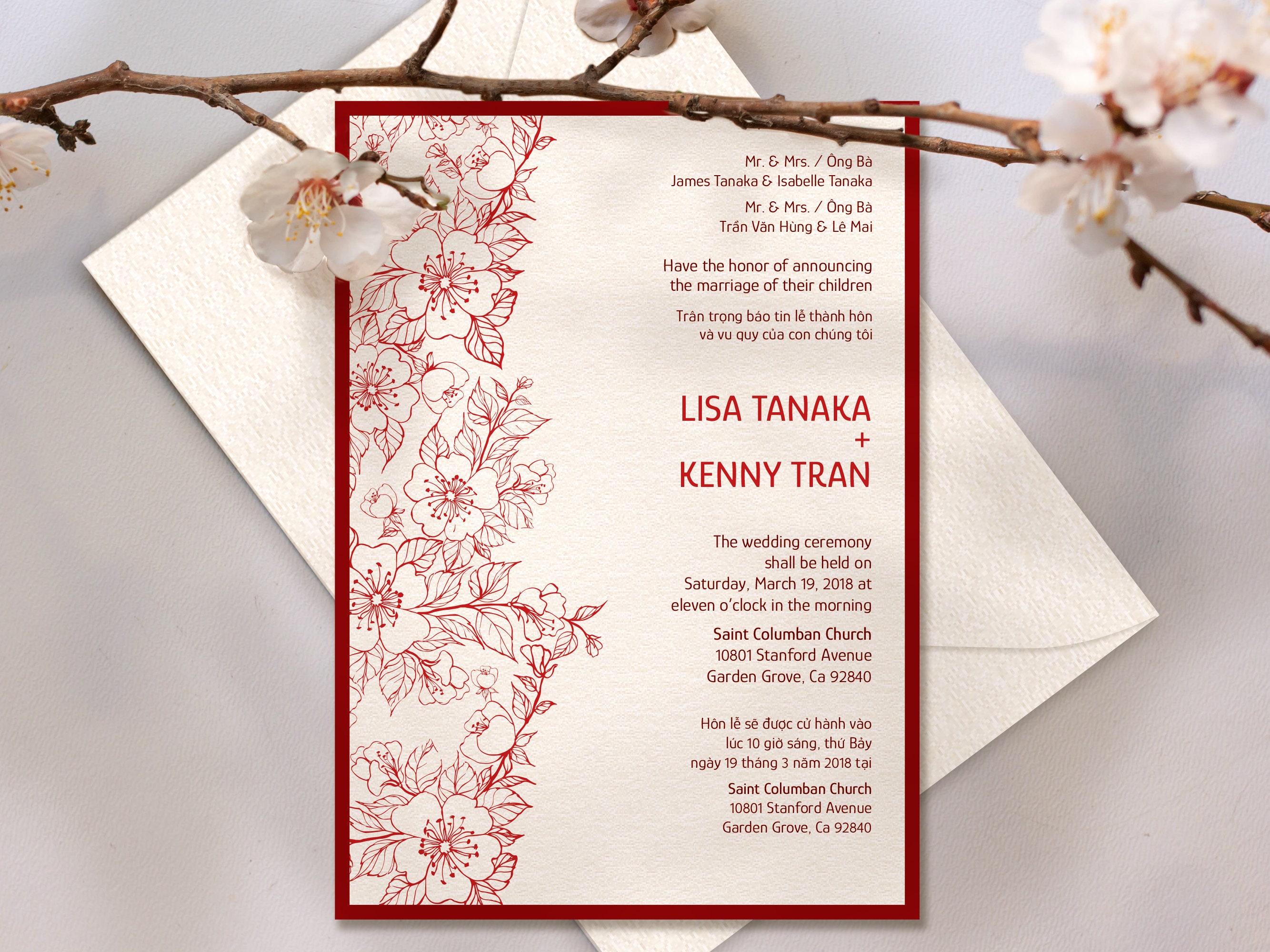 6pc Printed Panel Pocket Bilingual English Vietnamese Wedding Invitation Set Cherry Blossom Japanese Ink Line Art 5 x 7