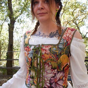 Corpiño Medieval "Ella", Corsé de Hada del Renacimiento, Corsé floral para Larp