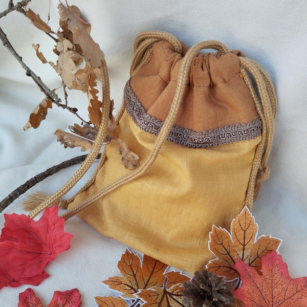 Medieval Linen Purse "June", Brown Larp Bag, Coin Linen Bag, Drawstring Purse