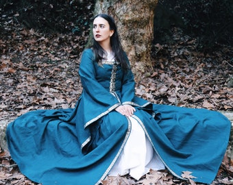 Medieval Fantasy Dress with Timmings "Dafne", Long Sleeve Linen Dress, Reinassance Dress, Larp Clothing