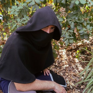 Black Wool Viking Hood &quot;Oberón&quot;; Viking Cloack for Larp; Wool Medieval Cap; Larp Clothing