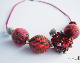 Burgundy Fuchsia Gray Brown Choker Necklace For Women. Hand Knitted Beads. Mixed Media Fashion Jewelry. PENNY necklace.
