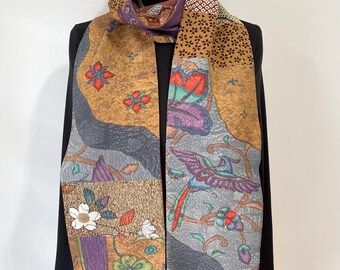 Silk Kimono Scarf, Silk Scarf, Amazing Japanese Vintage Versatile Scarf, Handmade Scarf, Earth tone