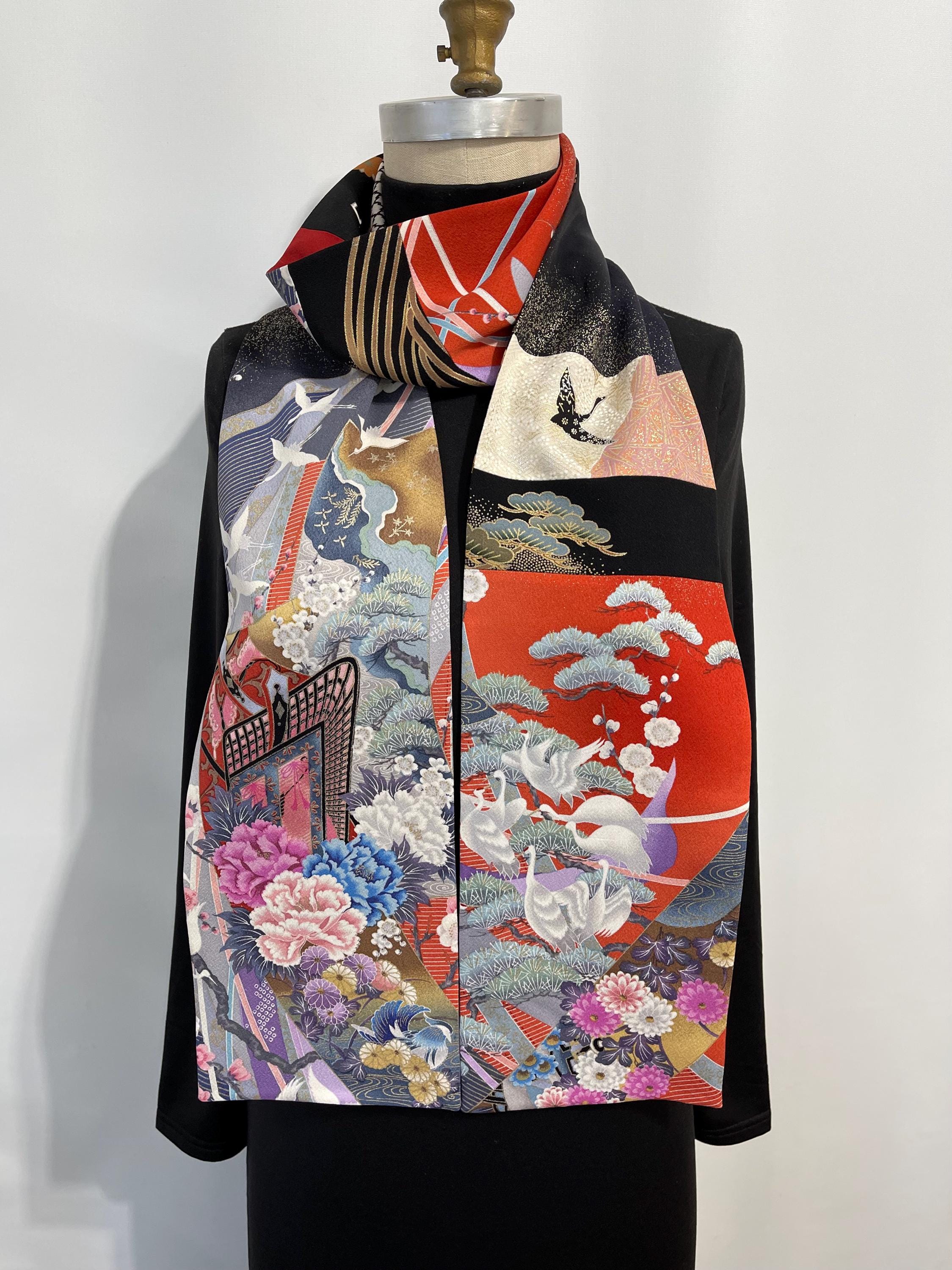 Silk Kimono Scarf, Silk Scarf, Amazing Japanese Vintage Versatile Scarf, Handmade Scarf, Crane