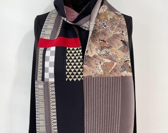 Yuzen Silk Kimono Scarf, Silk Scarf, Amazing Japanese Vintage Versatile Scarf, Handmade Scarf, Striped Patterns