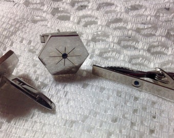 Silvertone Tie Clip and Cufflinks with Blue Sapphire Stone