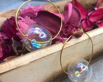 Bubble Sky - Glass Bubble Hoop Earrings, Minimalist Earrings, 18k Gold Plated, Cute Earrings, Simplistic Earrings, Glass Earring, Iridescent