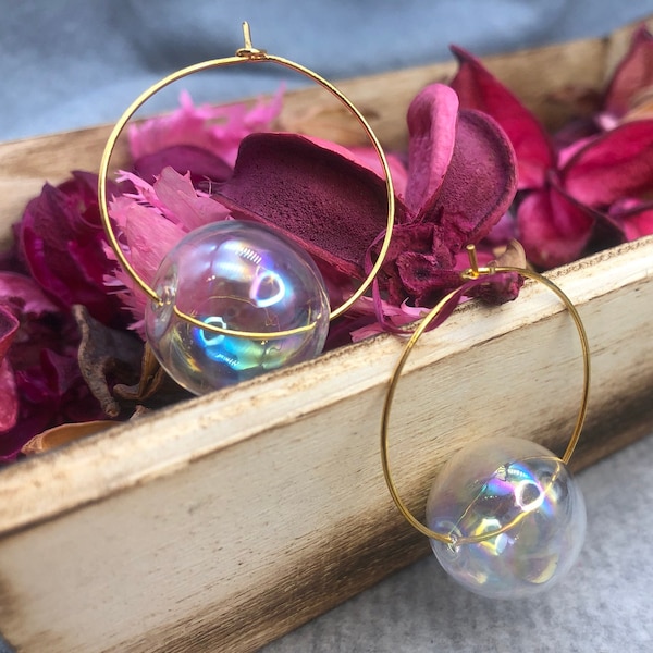 Bubble Sky - Glass Bubble Hoop Earrings, Minimalist Earrings, 18k Gold Plated, Cute Earrings, Simplistic Earrings, Glass Earring, Iridescent