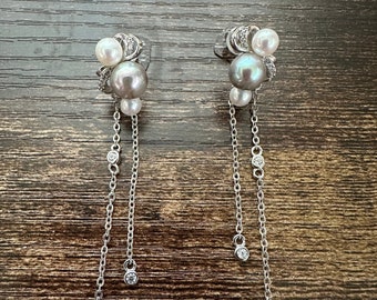 Vintage Fantasy - Akoya Saltwater Pearl S925 Earring with CS Stone, Dainty Dangle Earrings, OOAK