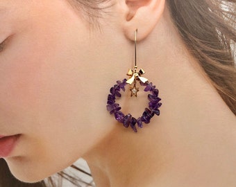 Amethyst Earring, Purple Wreath Earring, Amethyst Hoop Earring, Christmas Earring, Dangle Earring