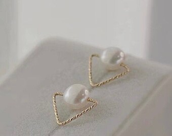 Simplicity - Freshwater Pearl Ear Studs, Geometric Shaped Ear Studs, Unique Earring, Minimalistic Earring, 14k Gold Filled Earring, OOAK